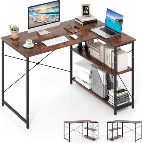 COSTWAY Scrivania Angolare a Forma di L, Scrivania ad Angolo Salvaspazio e Reversibile con Ripiano Regolabile e Struttura in Metallo Resistente, Tavolo per Ufficio e Casa (Marrone) (1/5)