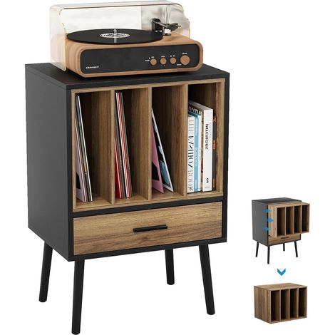 Support de Tourne-Disque avec Caisse en Vinyle, Table de Rangement avec tiroir et Pieds massifs, Plateau pour platines tournantes (Petite) (1/5)