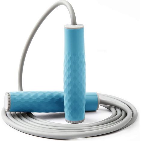 Corde à sauter lestée professionnelle avec longueur ajustable et poignées confortables en silicone (bleue) (1/5)