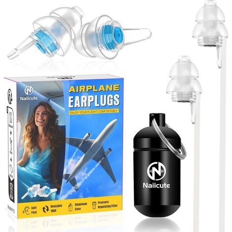 Bouchons d'oreilles pour avion avec égalisation de pression, 2 paires, protection contre le bruit de 25 dB, étui inclus (1/5)