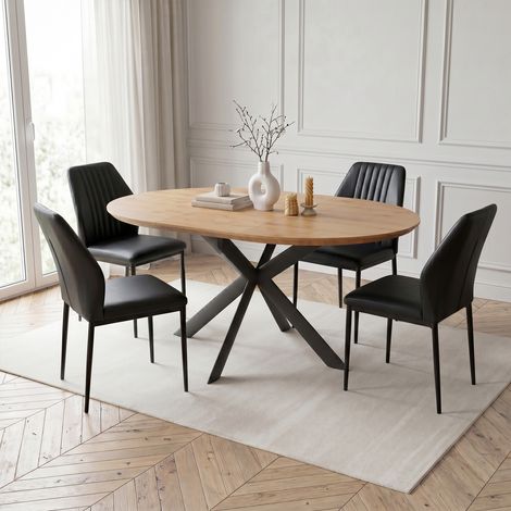 Ensemble de table à manger ronde extensible, plateau rond en MDF finition chêne (110-150 cm), style moderne et contemporain pour la salle à manger et la cuisine (4 chaises, PU, noir)