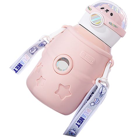Mug isotherme en acier inoxydable 500 ml avec couvercle et paille, gourde pour enfant rose (1/5)