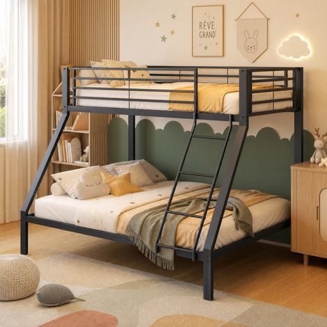 Litera 90 x 200 / 140 x 200 cm de metal con escalera reversible y somieres negros DESVIAE (1/5)