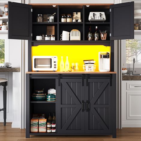 MODFU – Mobile alto cucina 115x40x174,7 cm in MDF nero con LED app, ante scorrevoli e vani contenitore multipli – Nero (1/5)