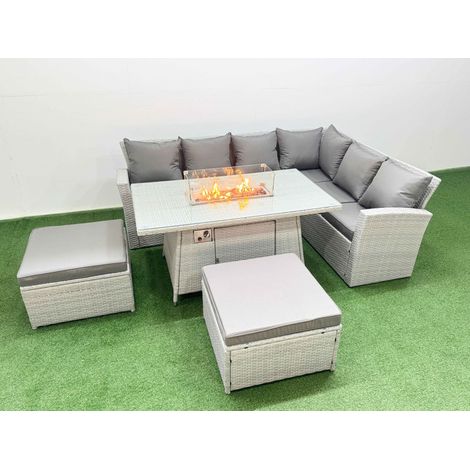 Fimous 8 Seat Rattan Garden Furniture Corner Sofa Set Outdoor Gas Fire Pit Table Set with 2 Big Footstools Light Grey (1/4)