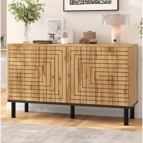 Aparador de 120x35x68 cm con 3 puertas a presión y 6 compartimentos, diseño ondulado, mueble de almacenamiento de MDF de madera natural. (1/5)