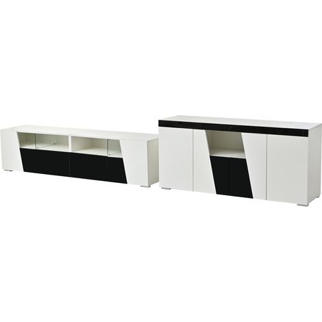 Meuble TV et buffet combinés en MDF haut de gamme avec LED, 180 x 38,5 x 45 cm et 140 x 40 x 65 cm, finition blanc et noir brillant (1/5)