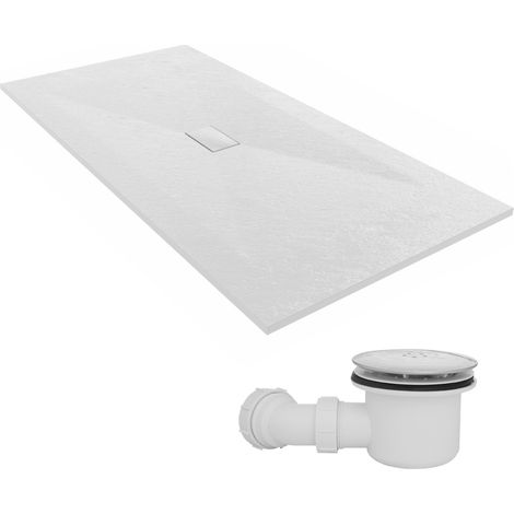 NRG 2000 x 1000mm SMC White Rectangle Slate Effect Bathroom Shower Tray & Fluidmaster Fast Flow Waste Trap
