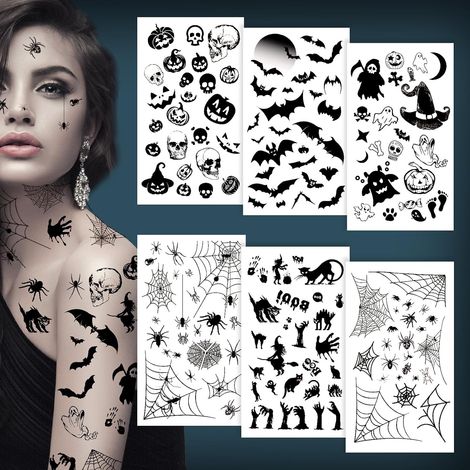 Tatouage visage Halloween 3D Motifs réalistes araignées chauve-souris toile d'araignée imperméable Tatouages temporaires Autocollants pour Halloween Costume Maquillage (1/5)