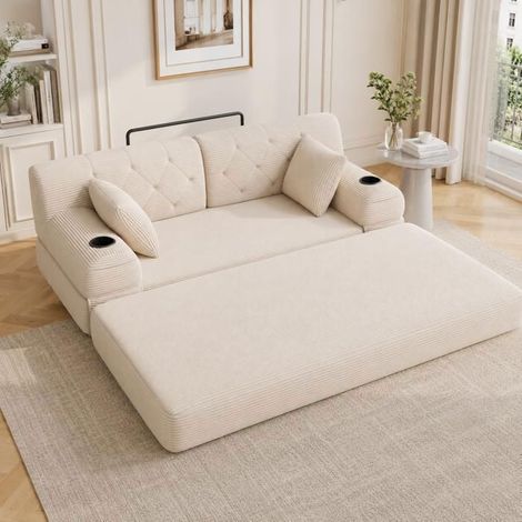 Canapé Convertible 168x80x81cm Velours Côtelé Beige 2 Places - Canapé-Lit - Dossier Haut, Mousse HD, 2 Porte-gobelets, 4 Poches (1/5)