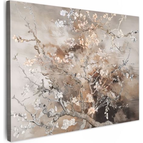 TABLEAU SUR TOILE Fleur d'amandier - Art - Van Gogh - Beige - Abstrait Tableau Décoration Murale Salon Tableaux muraux 80x60 cm