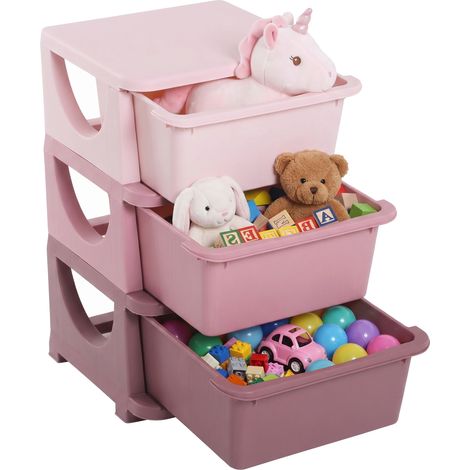 Organisateur de jouets pour enfants avec tiroirs à 3 niveaux, boîtes de rangement en plastique, 37 x 37 x 56,5 cm, rose (1/5)