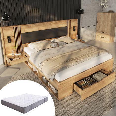 Cama doble moderna 160x200 cm de MDF color natural con cabecero acolchado en PU, somier de láminas, luces orientables y almacenaje (1/5)