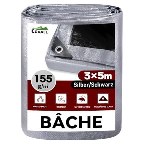 Waterproof Outdoor Protective Tarp, Reinforced Polyethylene with UV-Resistant Eyelets – Swimming Pool, Car, Garden, Camping, Woods, 155 g/m² Silver/Black, 3x5m Silver/Black (1/5)