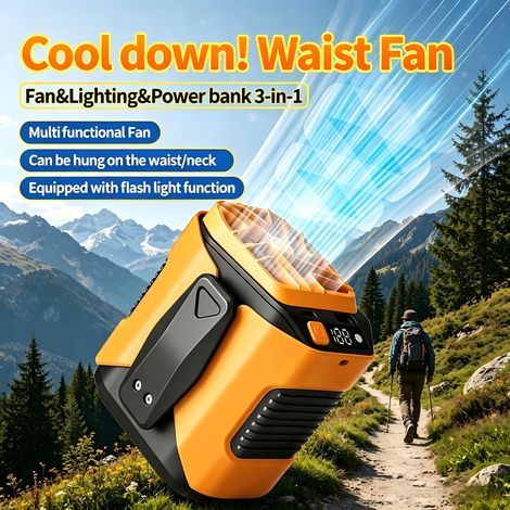 Ventilateur de Ceinture Rechargeable avec Cordon, Ventilateur Portable 100 Vitesses avec Lampe Torche LED(Orange) (1/5)