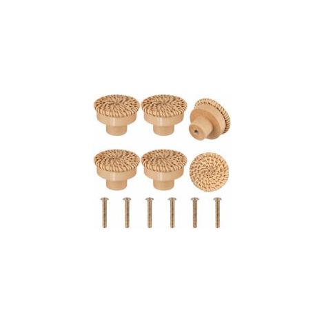 Juego de 6 pomos de ratán y madera para muebles, tiradores de cajones y pomos redondos para puertas de armarios, roperos, cómodas y muebles de cocina - Marrón
