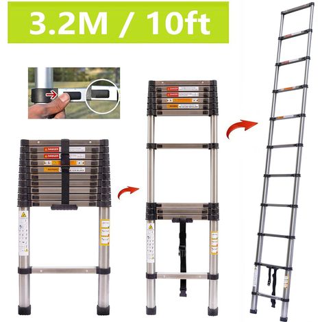 échelle télescopique de 3,2 m, échelle télescopique en acier inoxydable, échelle de toit domestique, échelle compacte polyvalente domestique, capacité de 330 LB, EN131