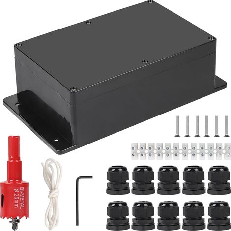 Boîte de Dérivation Étanche Exterieur Noir, Boîte Carrée IP65, 230 x 150 x 85 mm, avec Passe Cable pour Ø6-12 mm avec Poignée de Retenue, avec Foret Métallique et Passe-Câbles (1/5)