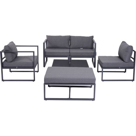 Six-piece indoor/outdoor combination sofa set/thickened upholstered sofa cushions, aluminum frame, 5 seats 1. Coffee table, footstool, grey (1/5)
