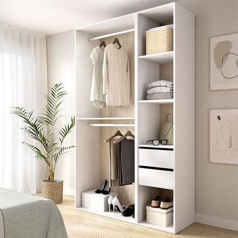 Großer Kleiderschrank Fellowship, Schlafzimmer Schrank 4 Regale, Kleiderstange, 2 Schubladen, 45x205h cm Weiß (1/5)