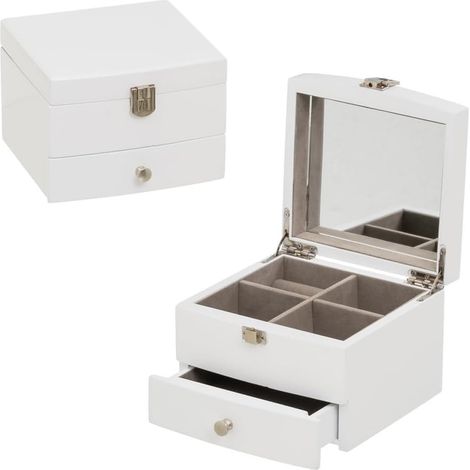 Portagioie con Specchio e 1 Cassetto in MDF Bianco Porta Gioie Foderato (1/3)