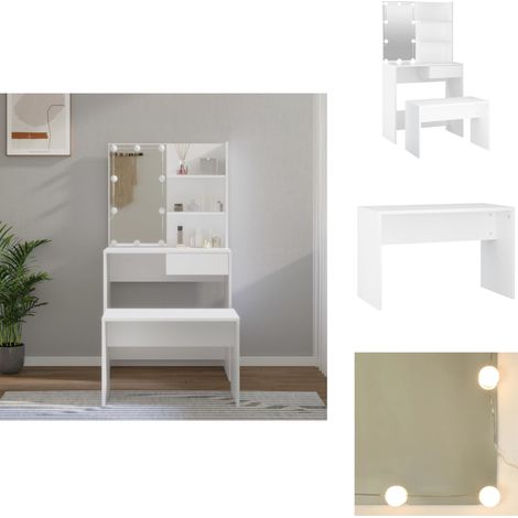 Ensemble de coiffeuse avec LED Blanc Bois d'ingénierie - Table De Maquillage - Coiffeuse Avec Miroir - Meuble De Salle De Bain - Éclairage Led - Rangement Maquillage (1/5)
