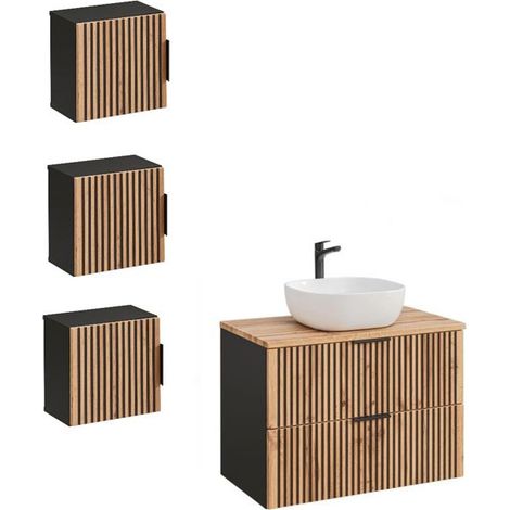 Ensemble meuble vasque à poser + 3 éléments - 80 cm - Sylve Black Wotan - Livraison gratuite