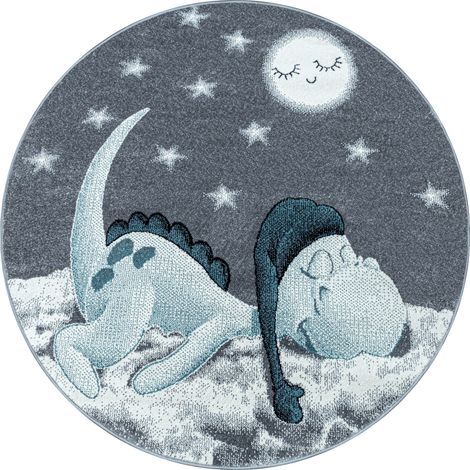 DINO - Tapis Enfant rond - Bleu (120x120cm) (1/5)