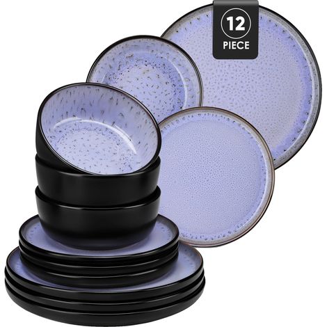 Juego de vajilla de cerámica hecha a mano, duradera y segura, color morado, 12 piezas. (1/2)