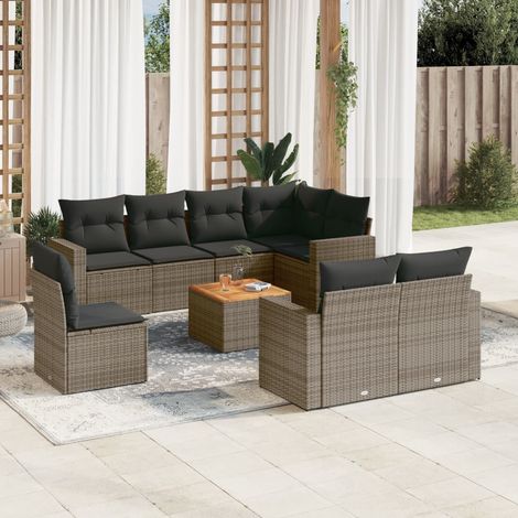 Set de muebles de jardín 9 pzas y cojines ratán sintético gris vidaXL (1/5)