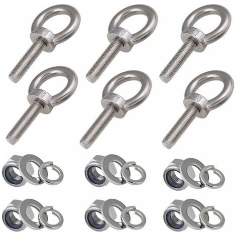 Boulons à œil M8, 6 Pièces Longueur du filetage 30mm Nylon Écrou de Blocage et Rondelles de Blocage, Boulons filetés extérieurs en acier inoxydable 304 Marine