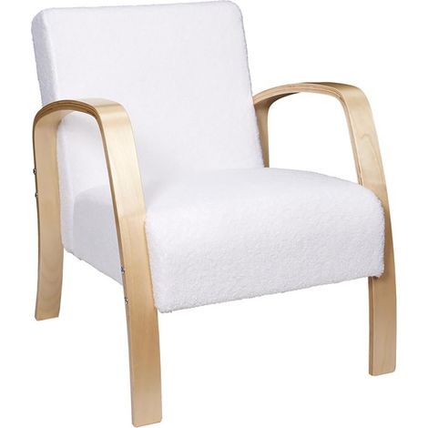 KAUPA - Fauteuil en Tissu Bouclettes Blanc Accoudoirs Bois (1/5)