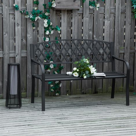 Banc d'extérieur 2 places avec accoudoirs en acier et fonte, 128 x 58,5 x 89 cm, noir (1/5)