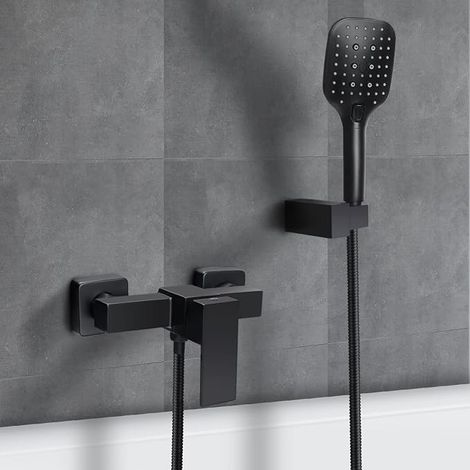Shower Mixer Tap Wall Mounted Bathroom Shower Faucet with Hand Shower, Flexible and Bracket, Black (1/5)