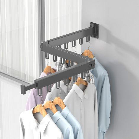 Séchoir à Linge Extensible Etendoir Linge Mural Rotatif à 360 ° Etendoir pour Balcon, Linge, Salle de Bain, Chambre à Coucher (Gris, Trois Plis) (1/5)