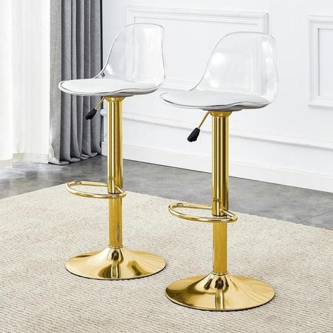 Tabouret de bar - KOMHTOM - Modèle transparent - Réglable 82–104 cm - Pivotant 360° - Pieds métal or (1/5)