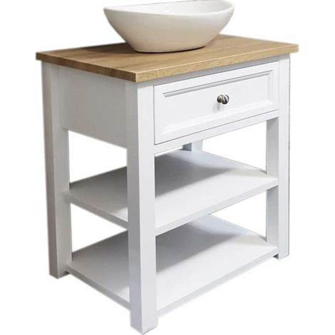 Meuble salle de bain sous vasque 60 cm blanc mat avec plan chêne, meuble lavabo suspendu design moderne, rangement pratique pour salle d’eau contemporaine (1/5)