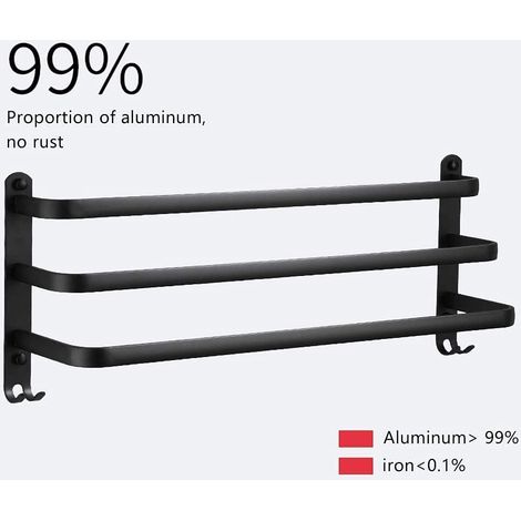 Porte-serviettes mural en aluminium 3 niveaux avec crochets 50cm imperméable noir pour salle de bain, cuisine, toilettes-1pc (1/5)