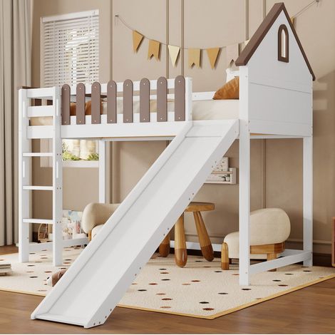 Lit mezzanine 90x200 avec toboggan, bois blanc HAVRYA (1/5)