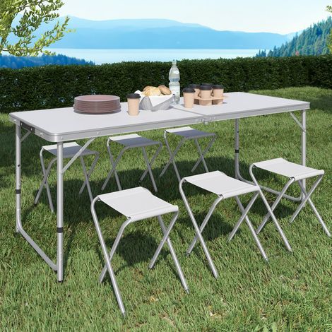 Mesa de camping plegable de altura regulable de 160 cm y 6 taburetes blancos