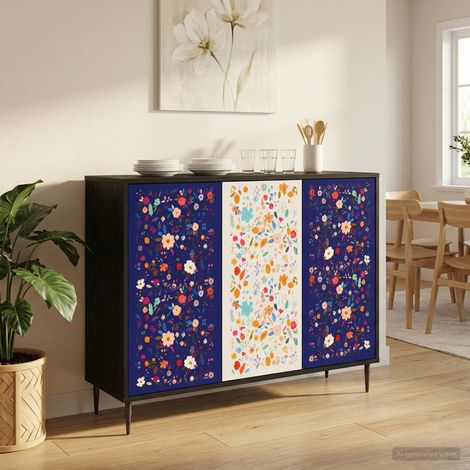 Buffet MAINZ en bois d’ingénierie chêne noir 102 x 33 x 76 cm avec 3 portes et 2 étagères (1/5)