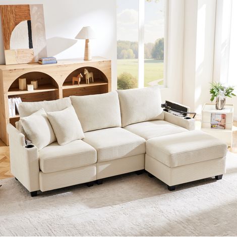 Sofa aus Cord Beige 213,5 x 139 cm, 3-Sitzer Ecksofa mit Hocker, USB und variabler L-Form (1/5)