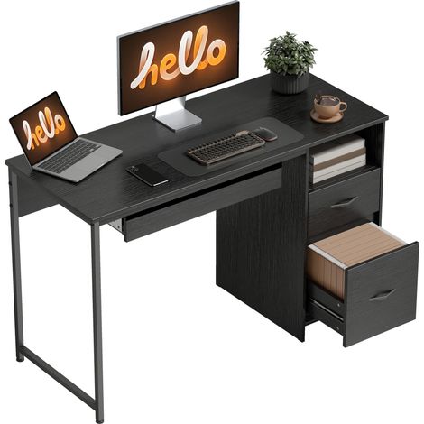 Bureau moderne avec tiroirs. étagères ouvertes et tablette pour clavier. en bois et acier. 120 x 52.3 x 76 cm. noir (1/5)