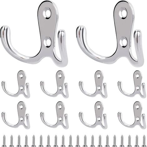 Vintage Double Hook Metal Retro Coat Hook Wall Mounted Coat Rack with Screws for Hat Towels Bathroom Kitchen Bedroom Silver 10 Pcs (1/5)