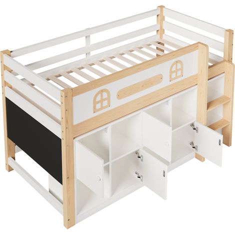 Letto a mezza altezza 90 x 200 cm con lavagna, contenitori e scala, bianco e naturale (1/5)