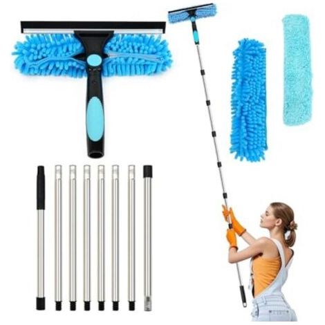 Lave-vitres extensible de 3.1 m, appareil de nettoyage de vitres 2 en 1, outil de nettoyage télescopique pour vitres hautes et vitres de voiture