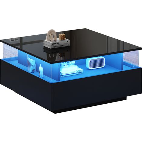 Table Basse Brillante LED 70x70x41 Cm, 2 Tiroirs, Espace Transparent, 30 Kg, Style Moderne (1/5)
