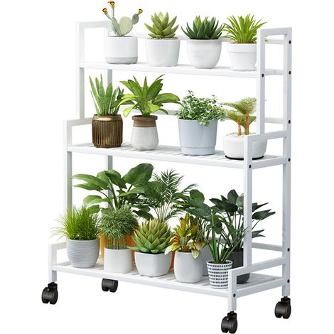 Support pour plantes en métal à 3 étages - Grande capacité - Avec 4 roulettes - Étagère à fleurs multifonction pour extérieur, intérieur, balcon, jardin, salon - Blanc (1/5)