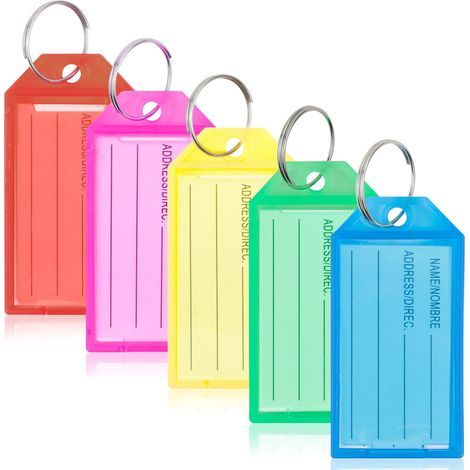 Porte Clef Etiquette 20 Pièces, Porte Clés Plastique avec Étiquettes en Papier Vierge Lignées Couvercles Transparents et Anneaux Fendus Identificateurs d'articles Robustes, 5 couleurs (1/5)