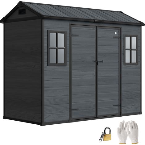 Outsunny 8 x 4 ft Resin Garden Shed with Floor, Lockable Doors, Dark Grey (1/5)